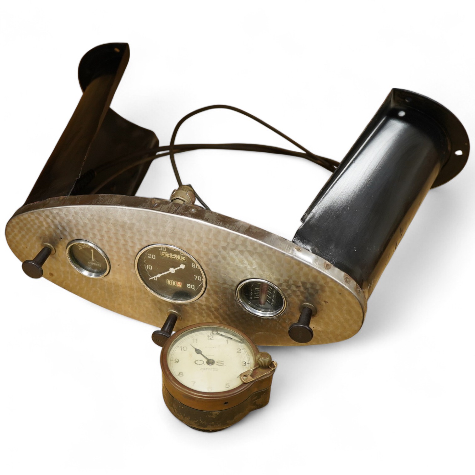 Two Automobilia related items; a dashboard panel for a 1932 Ford roadster together with an early French dashboard clock